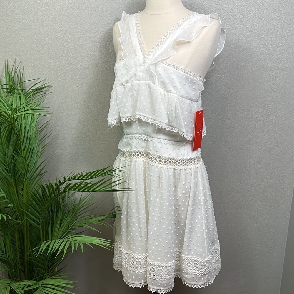 NWT Monique Lhullier White Midi Dress Eyelet Blouson Raised Polka Dots Lace 6 - Picture 7 of 13